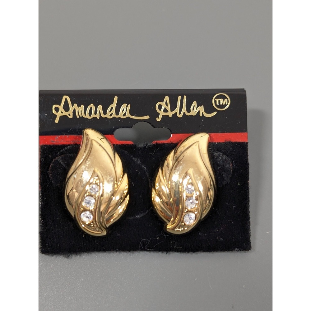 Vintage Retro Gold Tone‎ Leaf Rhinestone Curved Drop Statement Earrings